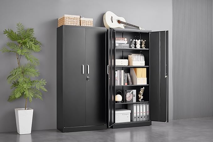 Garage Storage Cabinet with 2 Lockable Doors, Adjustable Shelves Metal Storage - Image 8