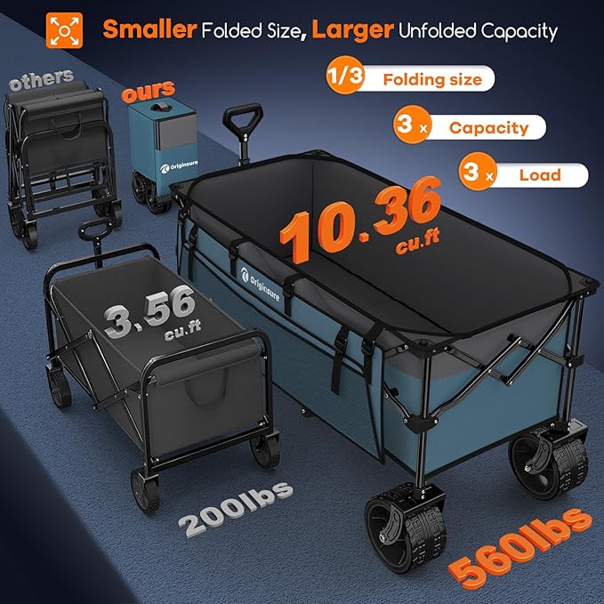 48" L Collapsible Wagon Cart Foldable, 560lbs Weight Capacity 300L Heavy Duty - Image 3