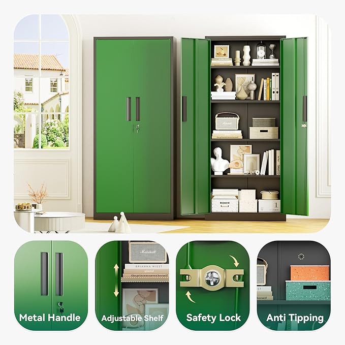 Greenvelly 63" H Metal Storage Cabinet Black Green, Locking Metal Cabinet - Image 4