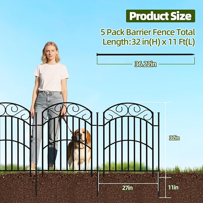 5 Panels 32in Decorative Garden Fence, Total 11ft L Heavy Duty Iron Metal No - Image 2