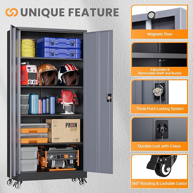 Metal Garage Cabinets with Wheels, Heavy Duty Rolling Storage Cabinet with Lock - Image 7