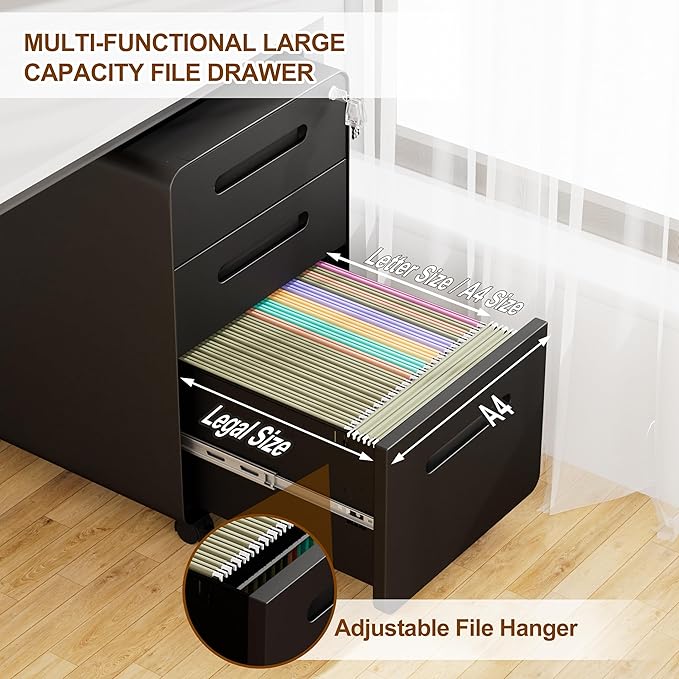 3 Drawer File Cabinet with Lock and 4 Keys, Mobile Metal Filing Cabinet - Image 8