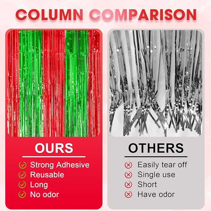 3 Pack 3.3x8.2 Feet Red and Green Foil Fringe Backdrop Curtains, Tinsel - Image 5