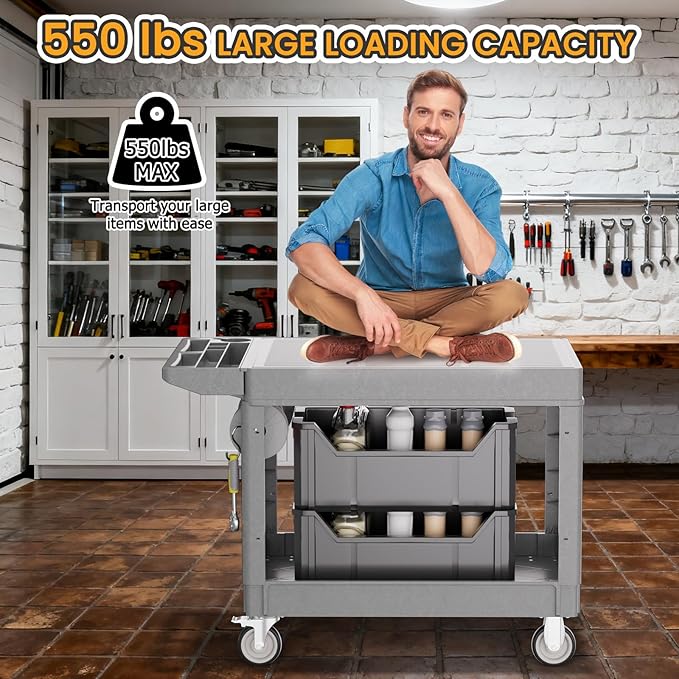 2-Tier Rolling Tool Cart, Heavy-Duty Plastic Service Cart - Image 5