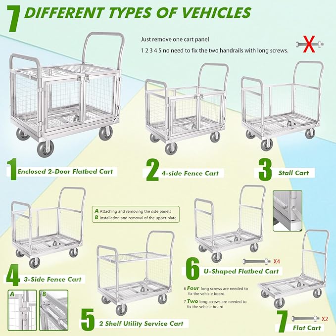 Platform Truck Cart with Cage 2-Door Design 7 in 1 Mutipurpose Handcart with 5" - Image 2