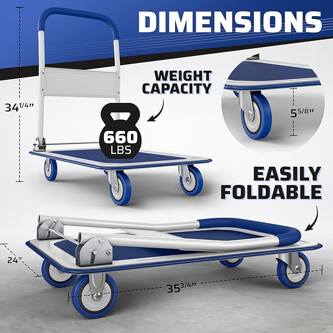 Heavy Duty Foldable Push Cart Dolly | 660 lbs. Capacity | Upgraded Collapsible - Image 2