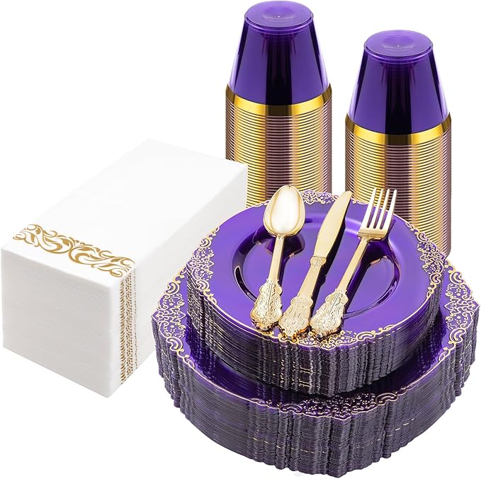 175PCS Clear Purple Plastic Plates by Bestluck
