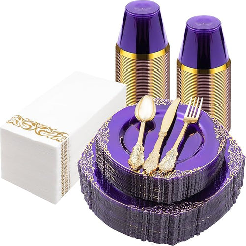 175PCS Clear Purple Plastic Plates by Bestluck