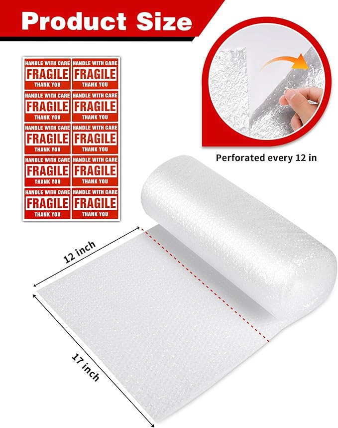 2-Pack Bubble Cushioning Wrap Rolls, 3/16" x 17" x 72' ft Total, Perforated 12" - Image 3