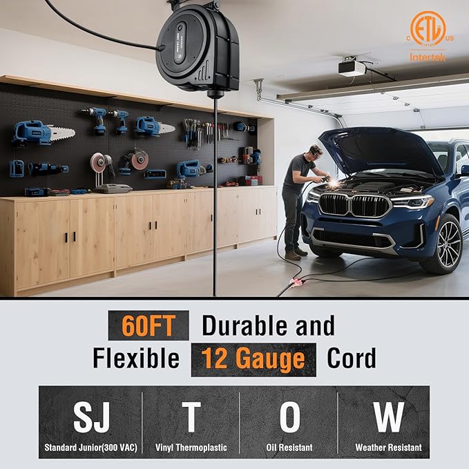 SURAIELEC 12 Gauge Extension Cord Reel, 60 FT Retractable Extension Cord - Image 2