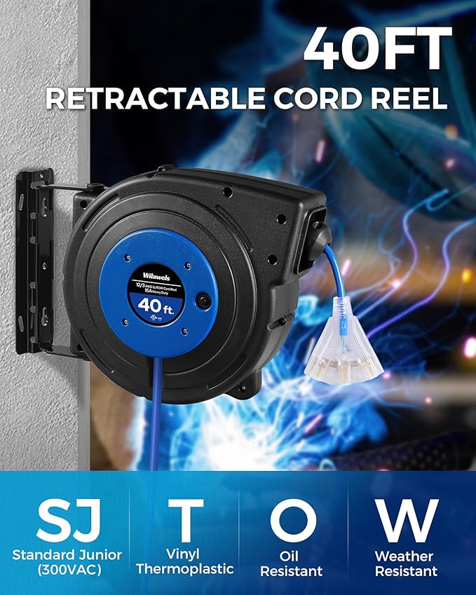 Retractable Extension Cord Reel, 40 FT Heavy Duty Power Cord, 12AWG/3C SJTOW - Image 2