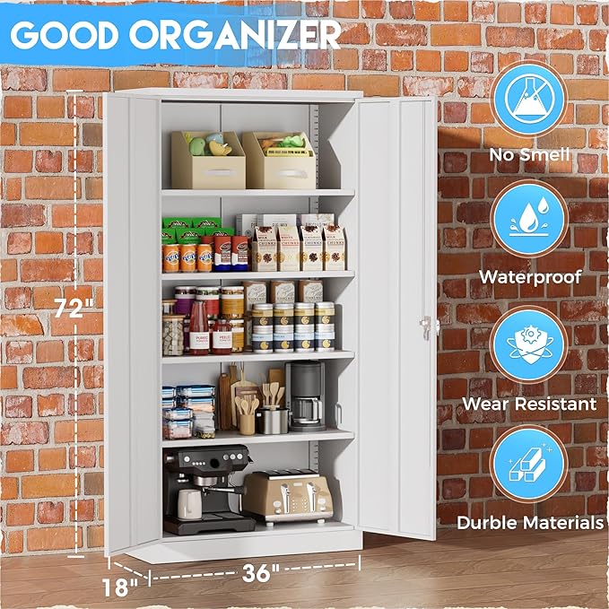 Greenvelly White Metal Storage Cabinets 72” Garage Steel Storage Cabinet - Image 4