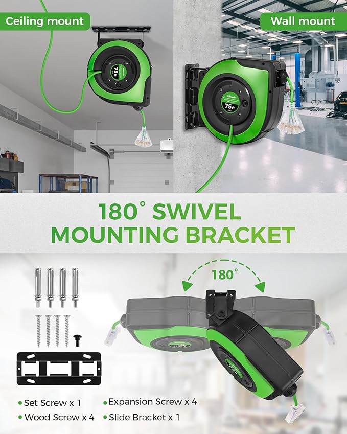 Retractable Cord Reel, 75 FT Heavy Duty Extension Cord, 14AWG/3C SJTOW - Image 2