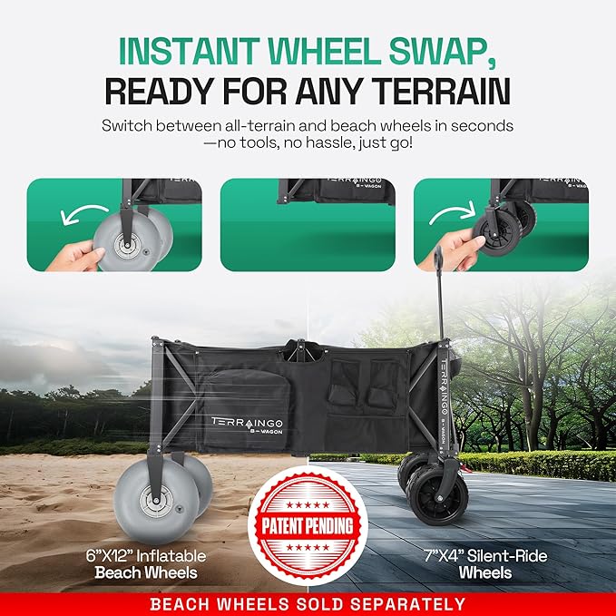 Foldable Beach Wagon Cart- Interchangeable All Terrain Wheels- 12" Beach Wheels - Image 3