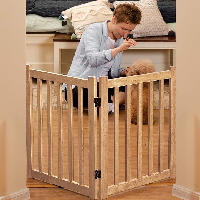 LZRS 2-Panel Wooden Free Standing Foldable Dog Gate Indoor – Solid Hardwood 24" - Image 6