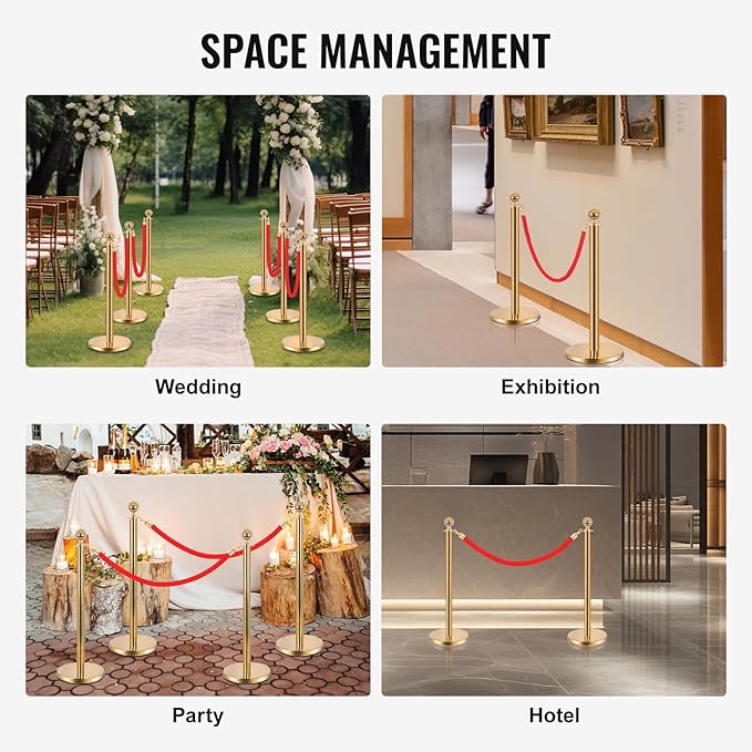 6PCS Stainless Steel Stanchions w/ 4 Red Velvet 5ft Carpet Ropes - Image 2
