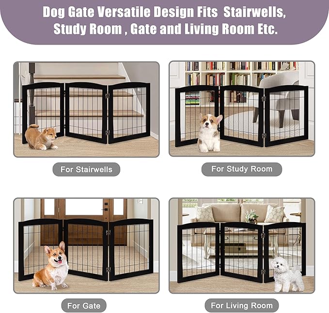 LZRS 3-Panel Freestanding Foldable Wooden Dog Gate –Solid Wood & Steel Wire - Image 6