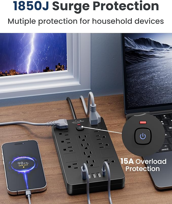 Surge Protector Power Strip-14 Outlets and 6 USB Ports, 10 Feet Flat Plug - Image 6