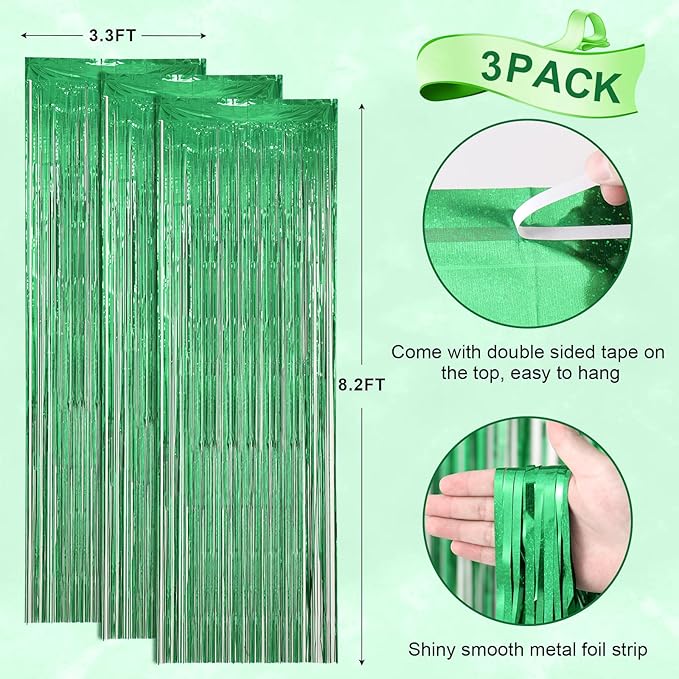 3 Pack 3.3 x 8.2 ft Laser Green Foil Fringe Backdrop Curtains, Tinsel Streamers - Image 4