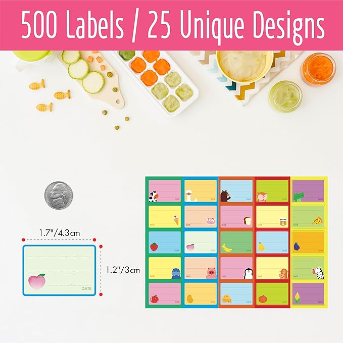 500 PCS Baby Food Labels, 25 Adorable Designs Removable Food Name Stickers - Image 2