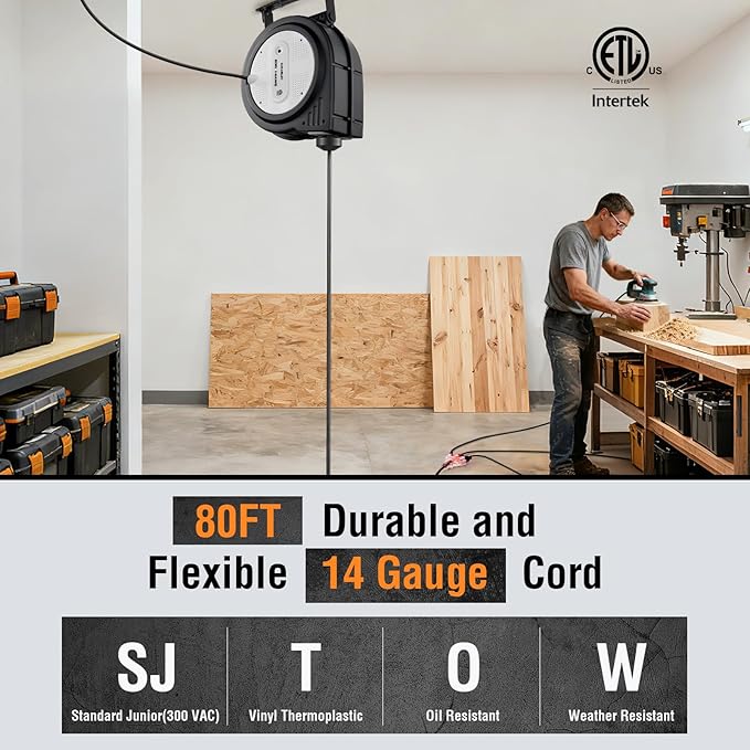 SURAIELEC 80 FT Retractable Extension Cord Reel, 14 AWG SJTOW Power Cord - Image 2