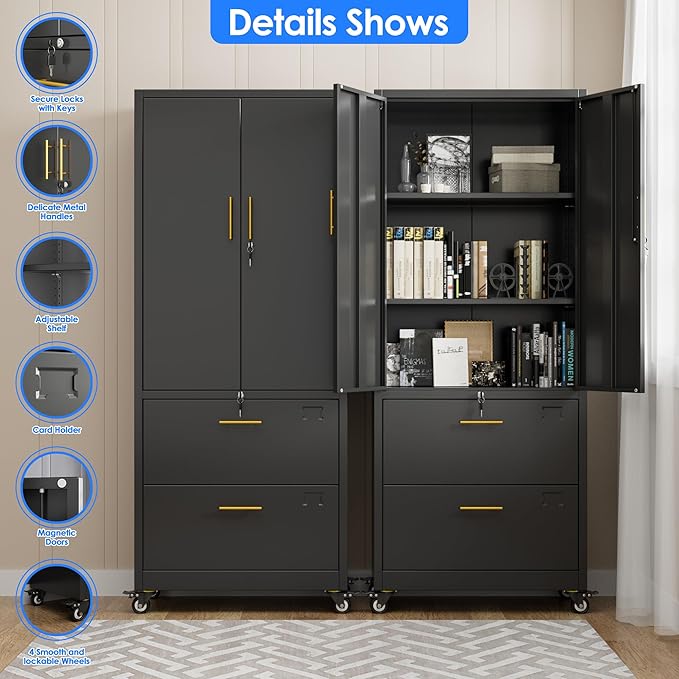 METAN Metal File Cabinet with 2 Drawers and 2 Shelves, Office Filing Cabinet on - Image 4
