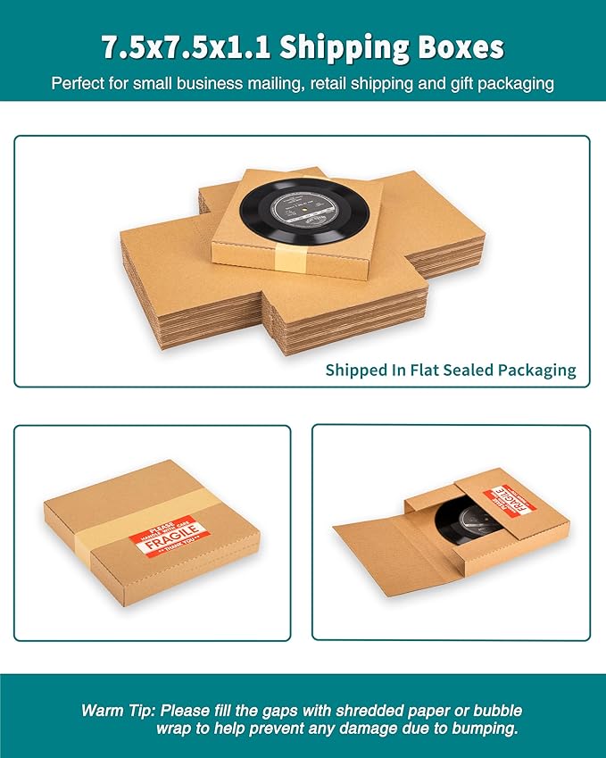 7" 45 RPM Vinyl Record Mailers 7.5"L x 7.5"W x 1.1"H Kraft Corrugated Album - Image 6