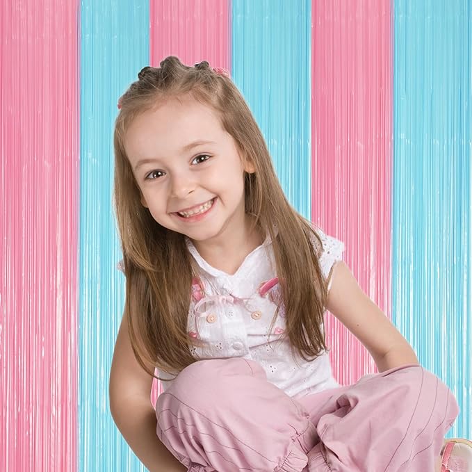 3 Pack 3.3 x 8.2 ft Pastel Blue and Pink Foil Fringe Backdrop Curtains - Image 6