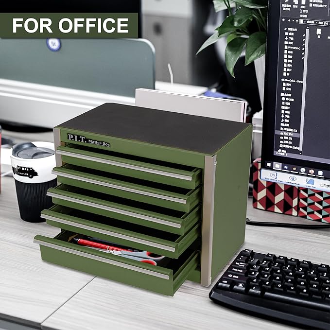 P.I.T. Mini Army Green Tool Box, Portable 5-Drawer Micro Roll Cab Steel Tool Box - Image 5
