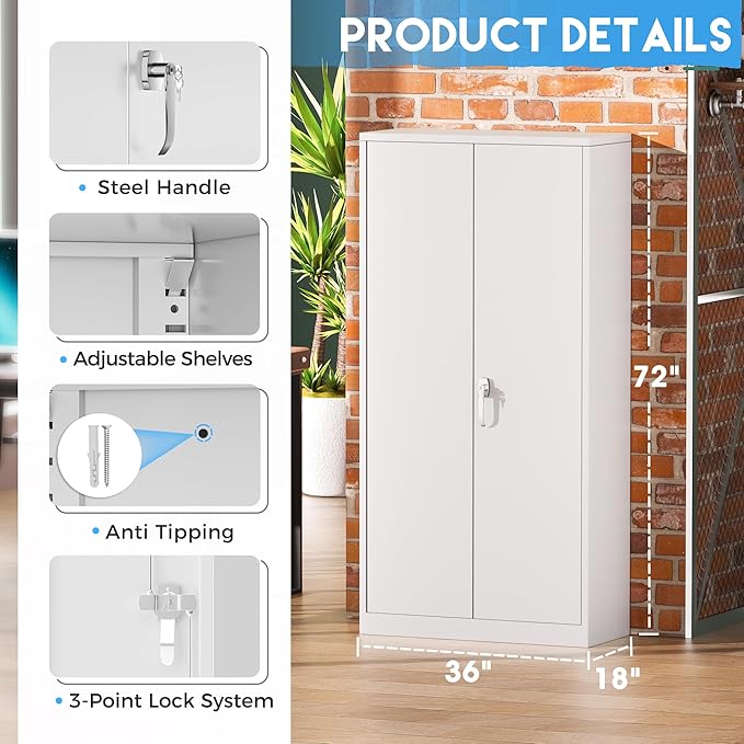 Greenvelly White Metal Storage Cabinets 72” Garage Steel Storage Cabinet - Image 3