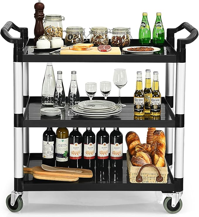Goplus 3-Tier Utility Cart, Heavy-Duty Service Cart w/Lockable Wheels & Double by Goplus