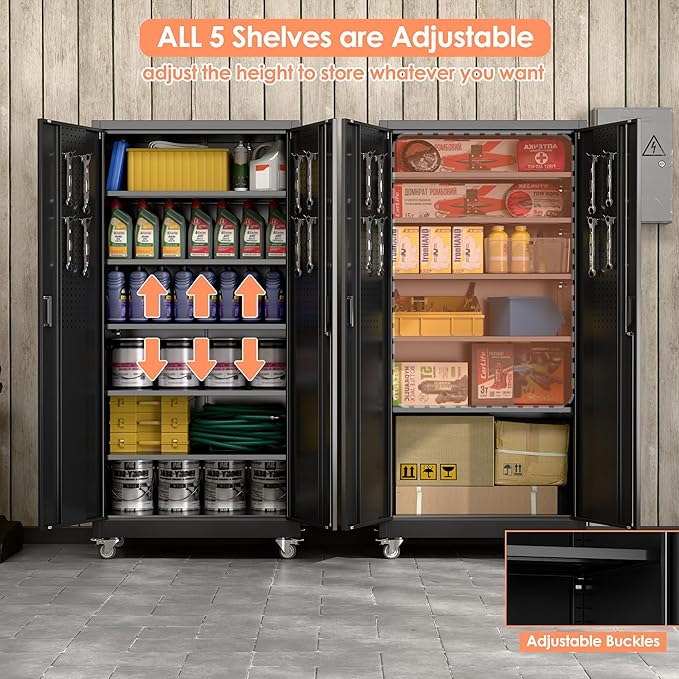 Garage Storage Cabinet with Wheels & Pegboard, Lockable Metal Storage Cabinet - Image 5