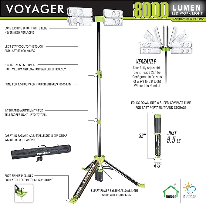 PowerSmith Voyager PVLR8000A 8000 Lumen Collapsible Cordless Tripod LED Work - Image 4