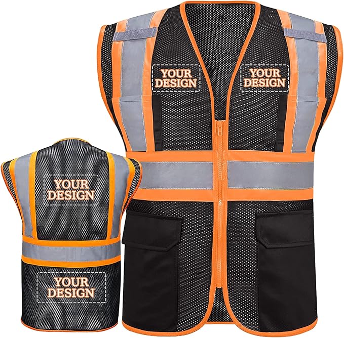 Custom Safety Vest with Logo Pockets High Visibility Reflective Vests by CustomTok