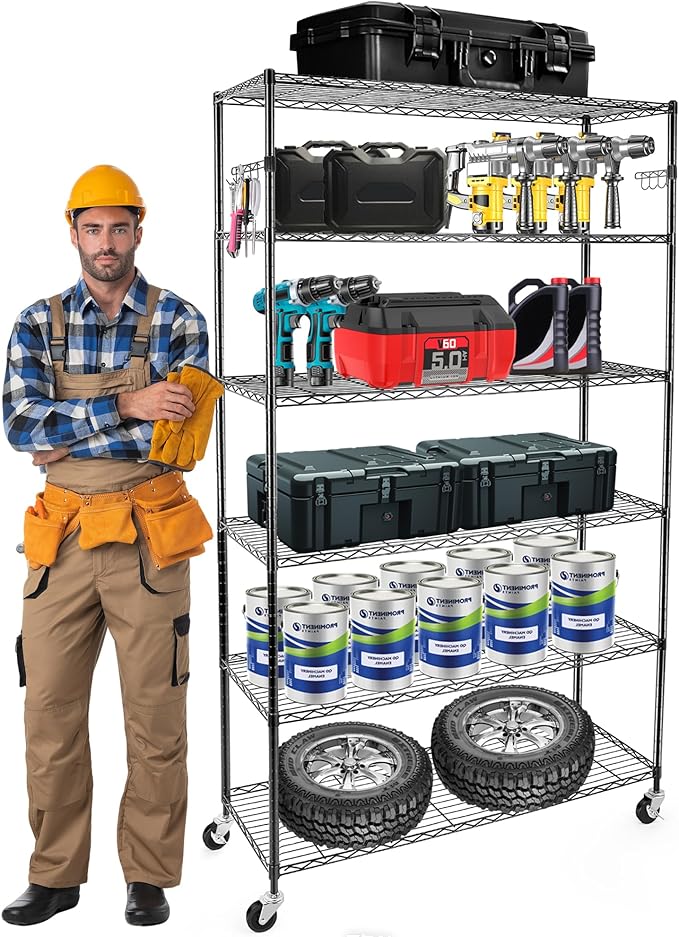 YNN Storage Shelves, 2100Lbs 6 Tier Heavy Duty Metal Rolling Shelving Unit by YNN