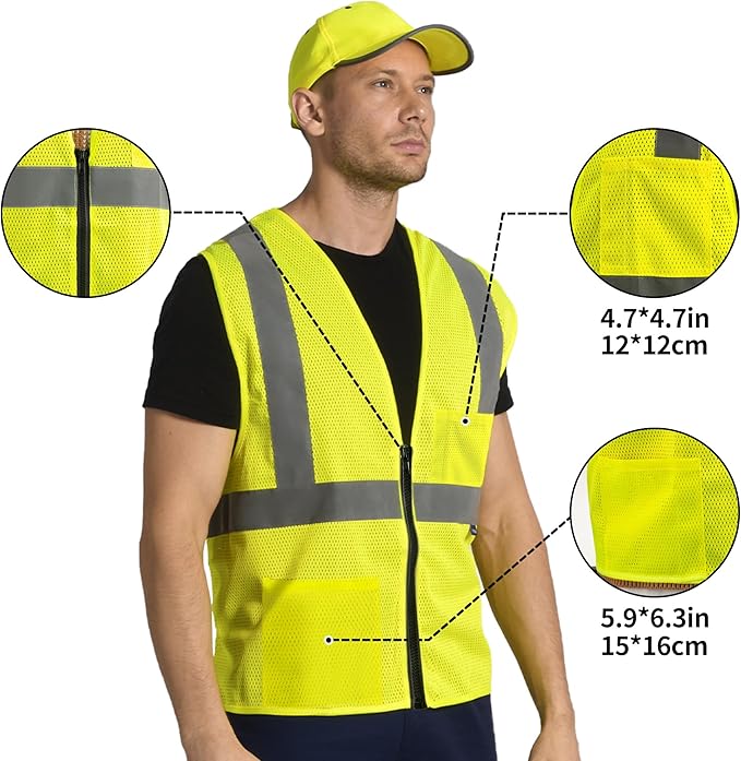 AYKRM 2 Pockets Reflective Safety Vest High Visibility Class II Mesh Vest - Image 3