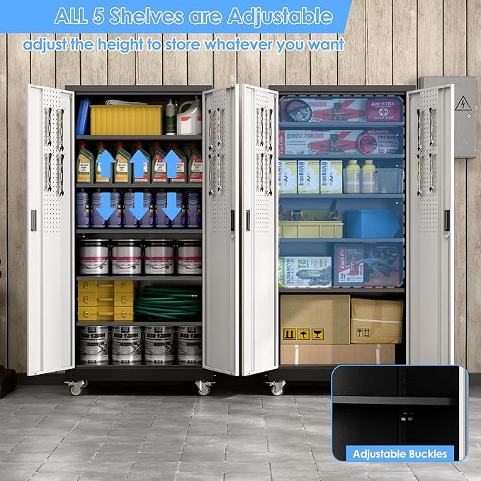 Garage Storage Cabinet with Wheels & Pegboard, Lockable Metal Storage Cabinet - Image 5