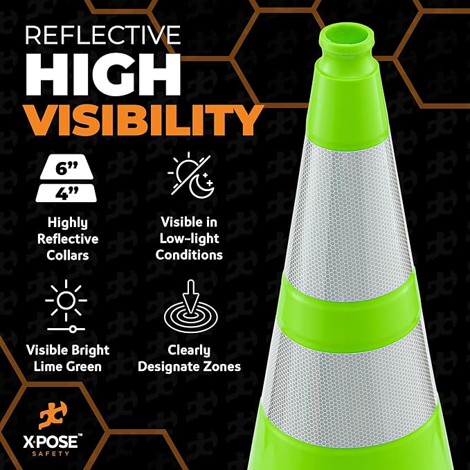 Xpose Safety 28” Lime Green Traffic Cone Dual 6" & 4" Reflective Collar – 12 - Image 6