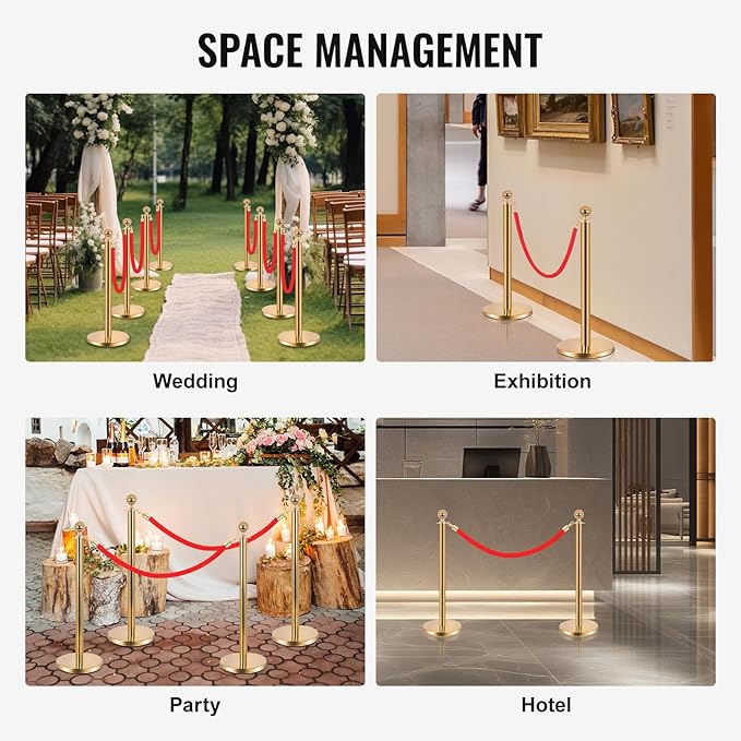 8PCS Stainless Steel Stanchions Post w/ 6 Red Velvet 5ft Carpet Ropes - Image 2