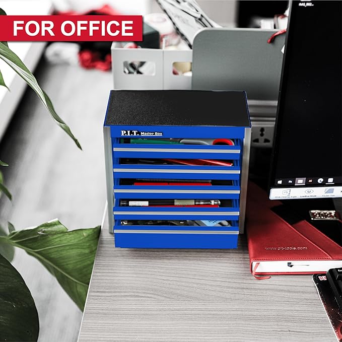 P.I.T. Mini Blue Tool Box, Portable 5-Drawer Micro Roll Cab Steel Stackable - Image 4