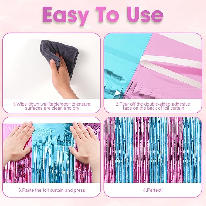 3 Pack 3.3x8.2 Feet Blue and Pink Foil Fringe Backdrop Curtains, Tinsel - Image 4