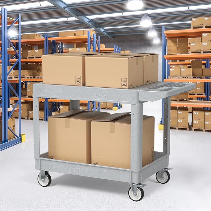 Utility Cart on Wheels, 2 Shelf Heavy Duty Large Flat Top Rolling Cart - Image 5