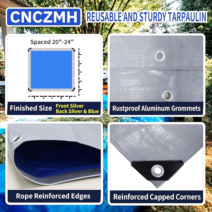 Tarp Waterproof 12x16 Feet, 8 Mil Thick Finished Size Silver/Blue Poly - Image 3
