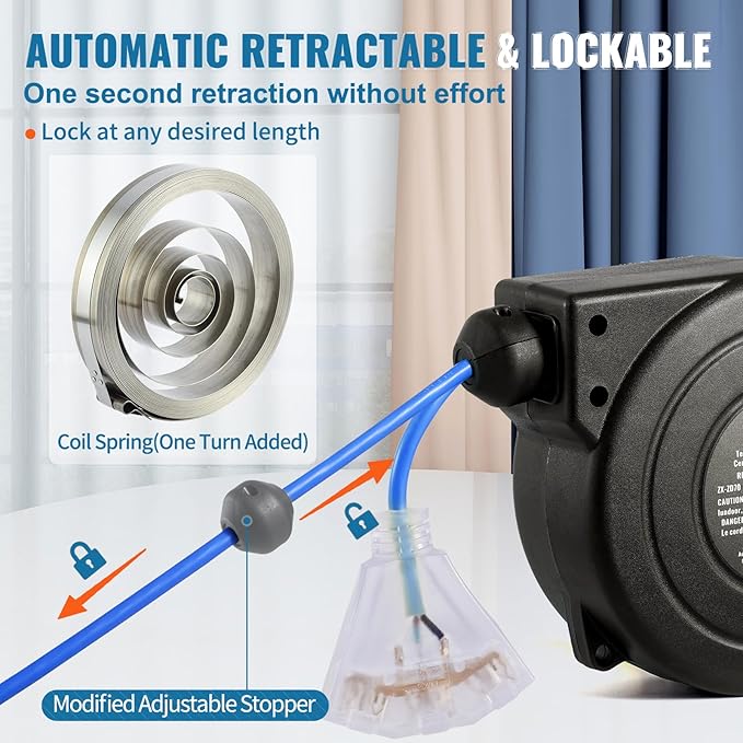 VEVOR 30FT Retractable Extension Cord Reel, 16AWG/3C SJTOW Heavy Duty Power - Image 5