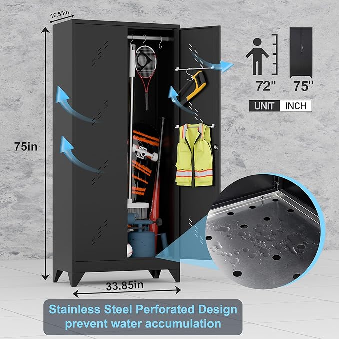 Metal Storage Cabinet with Locking Doors, Broom Closet/Freestanding Bathroom - Image 2