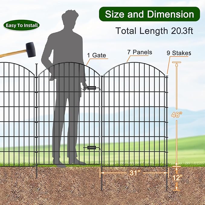Metal Garden Fence with Gate 48in x 20.3ft, 1 Gate+ 7 Panels Dog Fences Border - Image 2