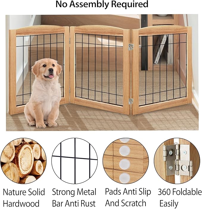 LZRS 3-Panel Freestanding Foldable Wooden Dog Gate –Solid Wood & Steel Wire - Image 3