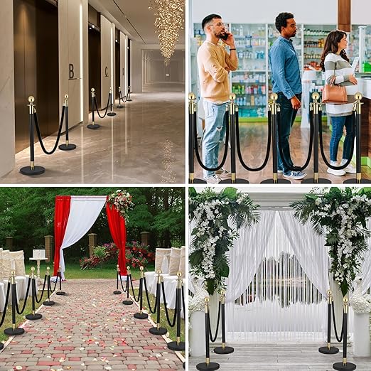 6PCS Black Gold Stanchions, Stanchions and Velvet Ropes 4PCS, Crowd Control - Image 4