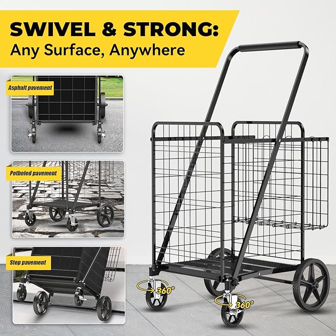 4.7 Cu Ft Folding Shopping Cart - 480 LB Capacity Grocery Cart - Heavy Duty - Image 3