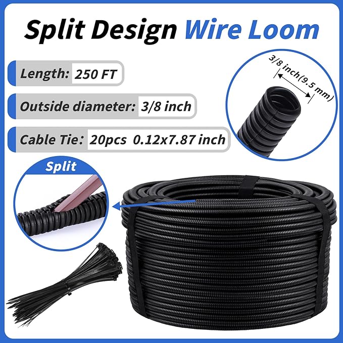 250FT Split Wire Loom Tubing, 3/8 Inch Wire Protector Tubing, Automotive Wire - Image 2